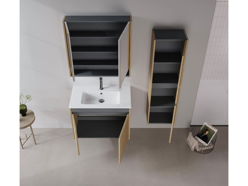 Badezimmerschrank mit Spiegel „Ricato 80“ – 80 x 16 x 78 cm – Walnuss