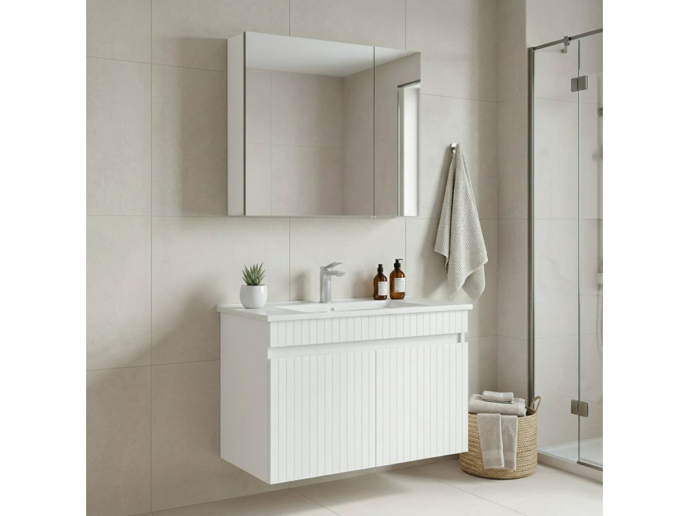 Waschtisch-Set mit Spiegel (2-teilig) „Tivoli 85“ – 85 x 45 x 57 cm – Mattweiß