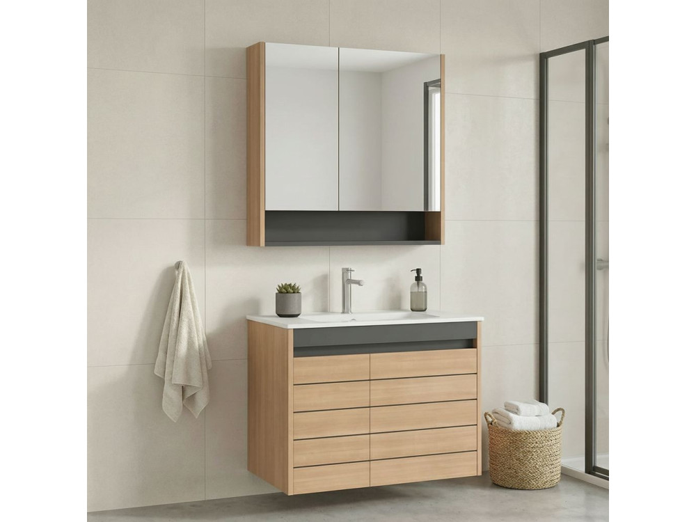 Waschtisch-Set mit Spiegel (2-teilig) „Ricato 80“ – 81 x 47 x 62 cm – Eiche