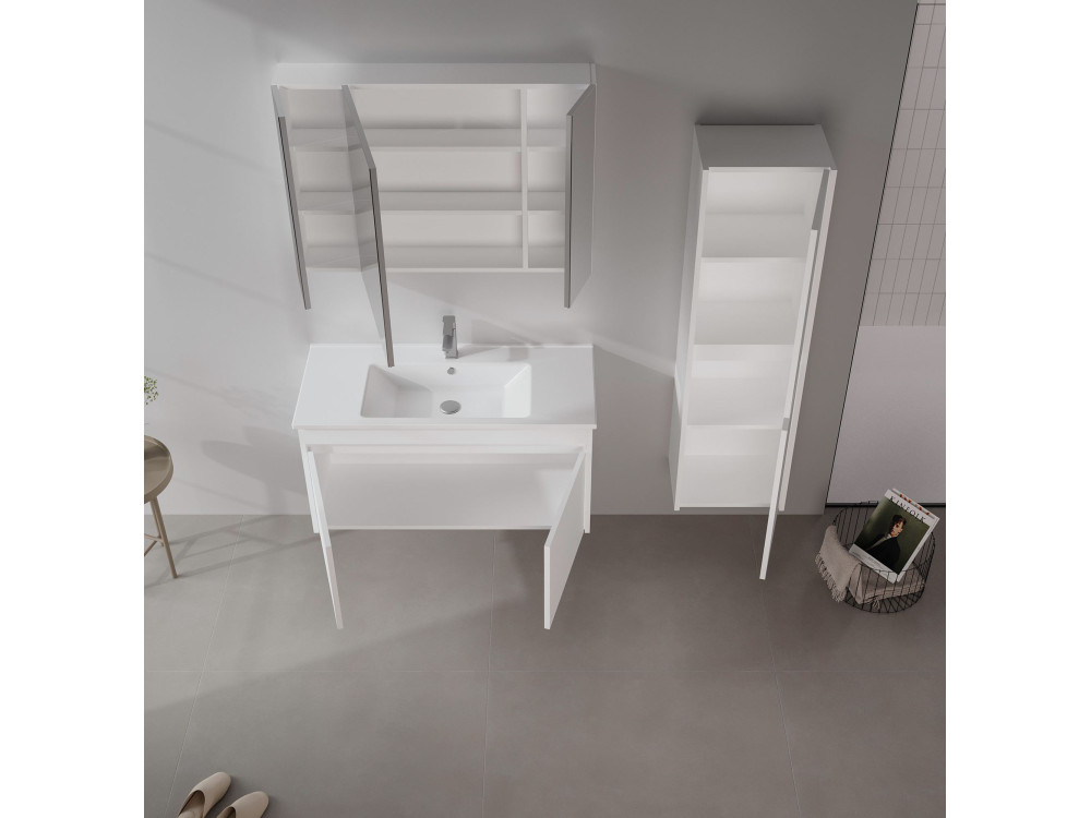 Waschtisch-Set mit Spiegel (2-teilig) „Side 100 v3“ – 100 x 45 x 52 cm – Mattweiß
