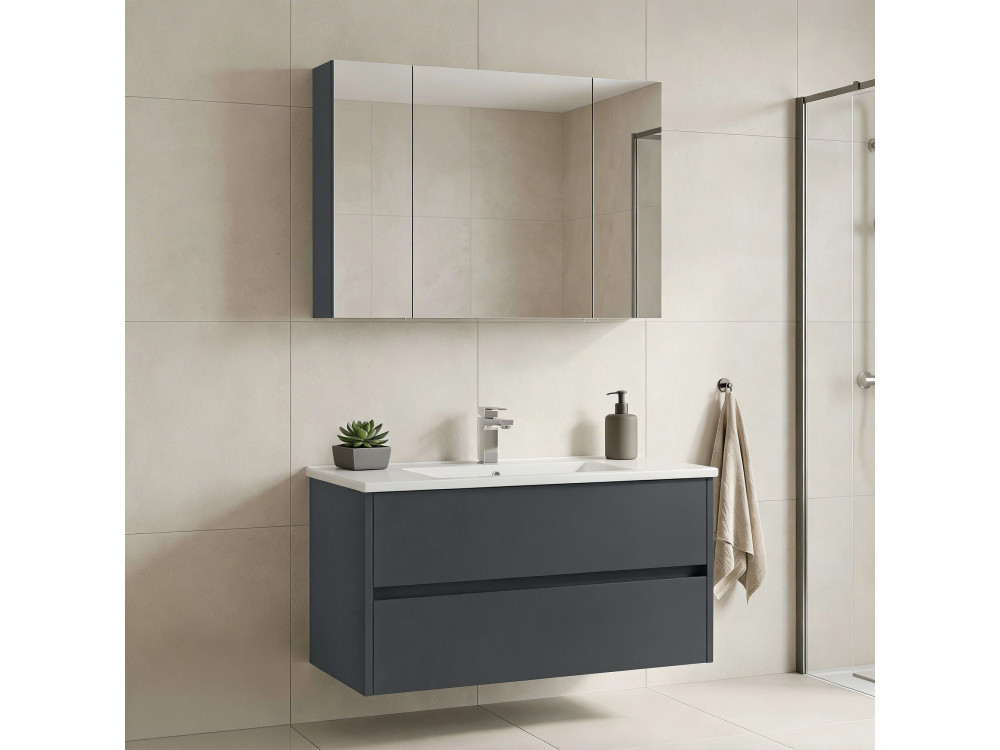 Waschtisch-Set mit Spiegel (2-teilig) „Side 100 v3“ – 100 x 16 x 52 cm – Anthrazit matt