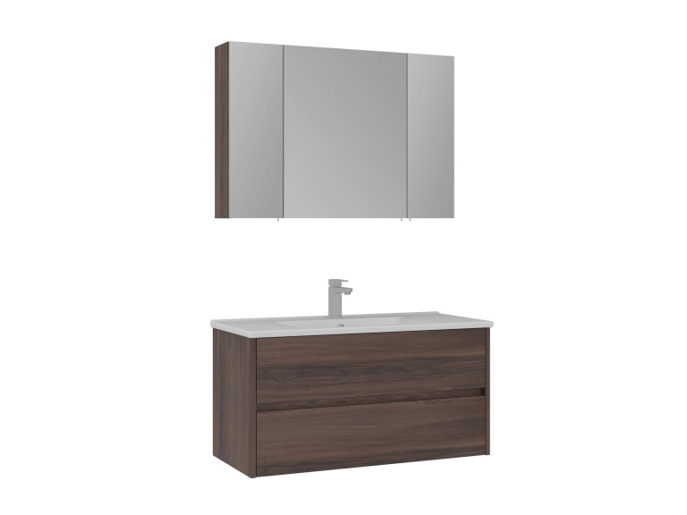 Waschtisch-Set mit Spiegel (2-teilig) „Side 100 v3“ – 100 x 16 x 52 cm – Walnuss