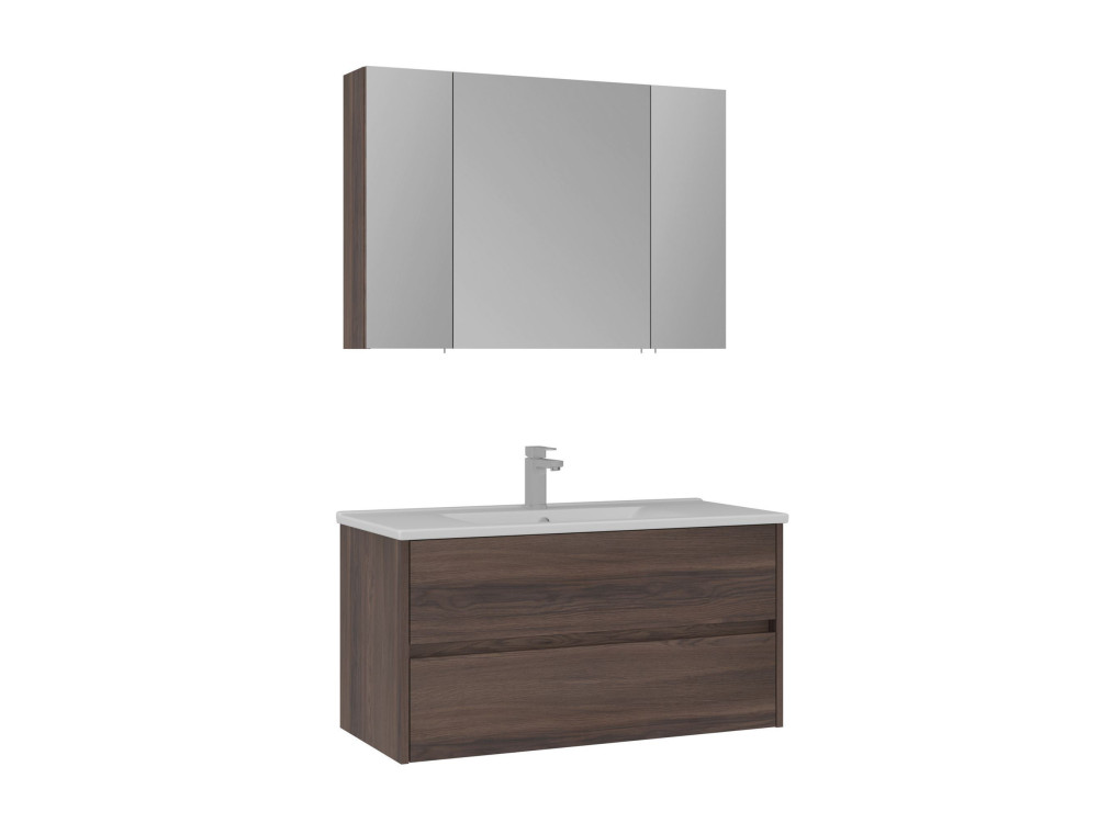 Waschtisch-Set mit Spiegel (2-teilig) „Side 100 v3“ – 100 x 16 x 52 cm – Walnuss