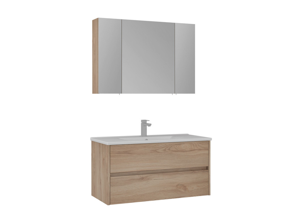 Waschtisch-Set mit Spiegel (2-teilig) „Side 100 v3“ – 100 x 16 x 52 cm – Eiche