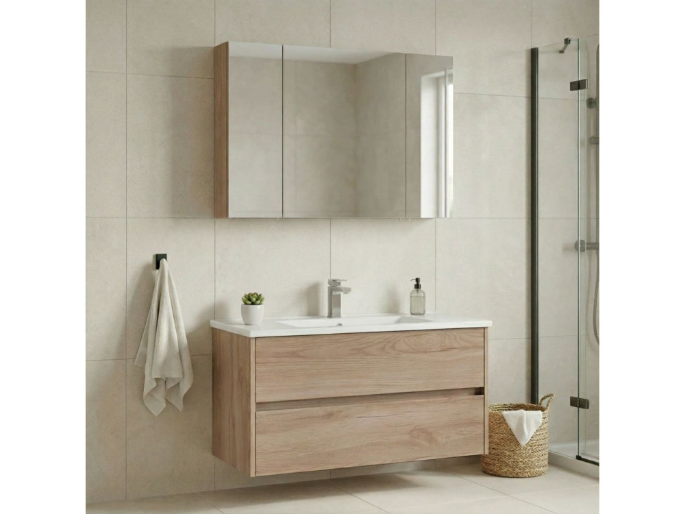 Waschtisch-Set mit Spiegel (2-teilig) „Side 100 v3“ – 100 x 16 x 52 cm – Eiche