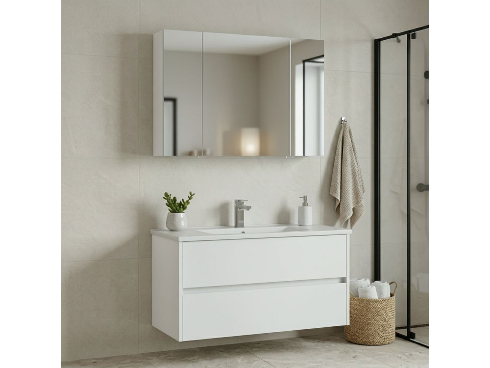 Waschtisch-Set mit Spiegel (2-teilig) „Side 100 v3“ – 100 x 16 x 52 cm – Mattweiß