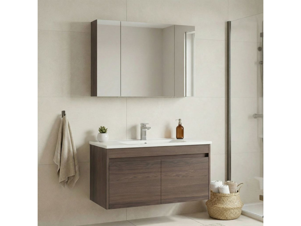 Waschtisch-Set mit Spiegel (2-teilig) „Side 100 v3“ – 100 x 45 x 52 cm – Walnuss