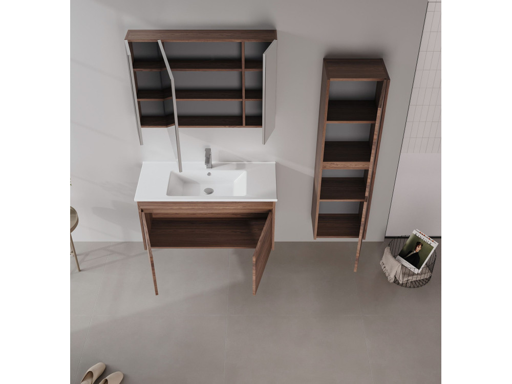 Waschtisch-Set mit Spiegel (2-teilig) „Side 100 v3“ – 100 x 45 x 52 cm – Walnuss