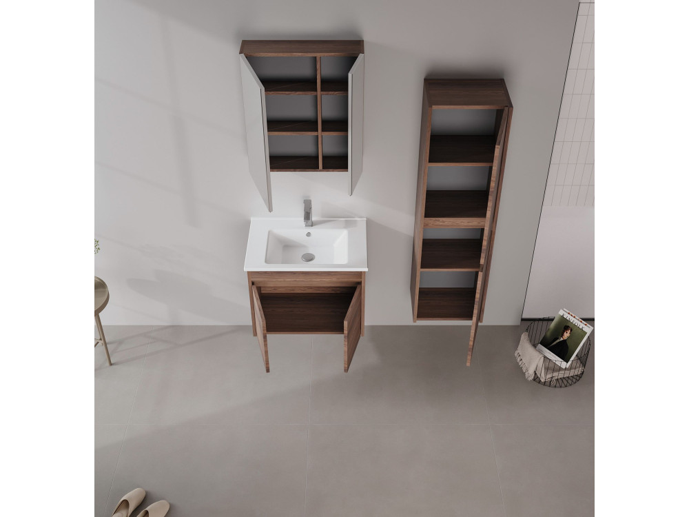 Waschtisch-Set mit Spiegel (2-teilig) „Side 65 v2“ – 65 x 45 x 52 cm – Walnuss