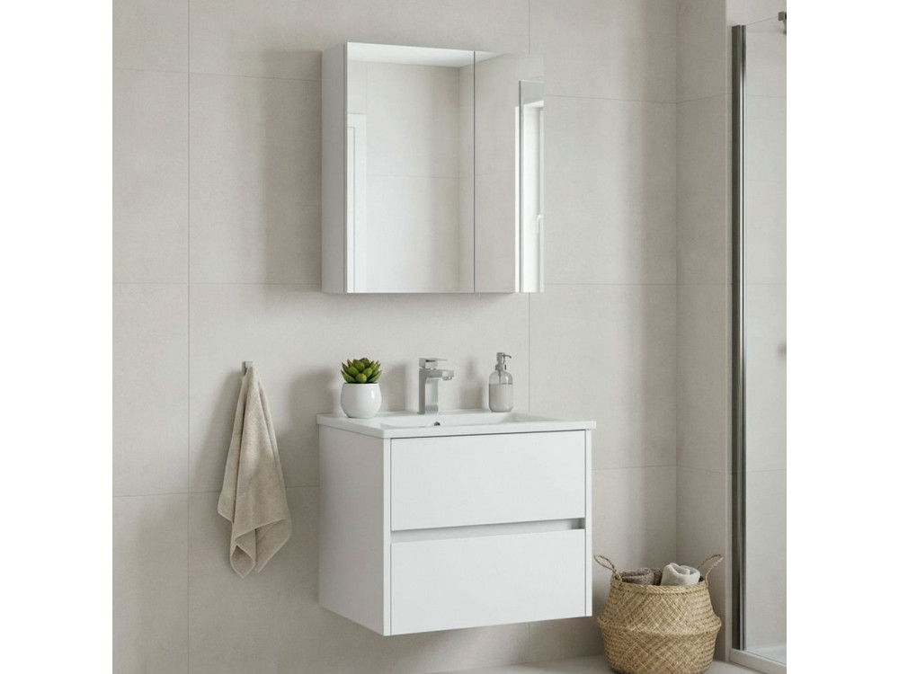 Waschtisch-Set mit Spiegel (2-teilig) „Side 65 v2“ – 65 x 45 x 52 cm – Mattweiß