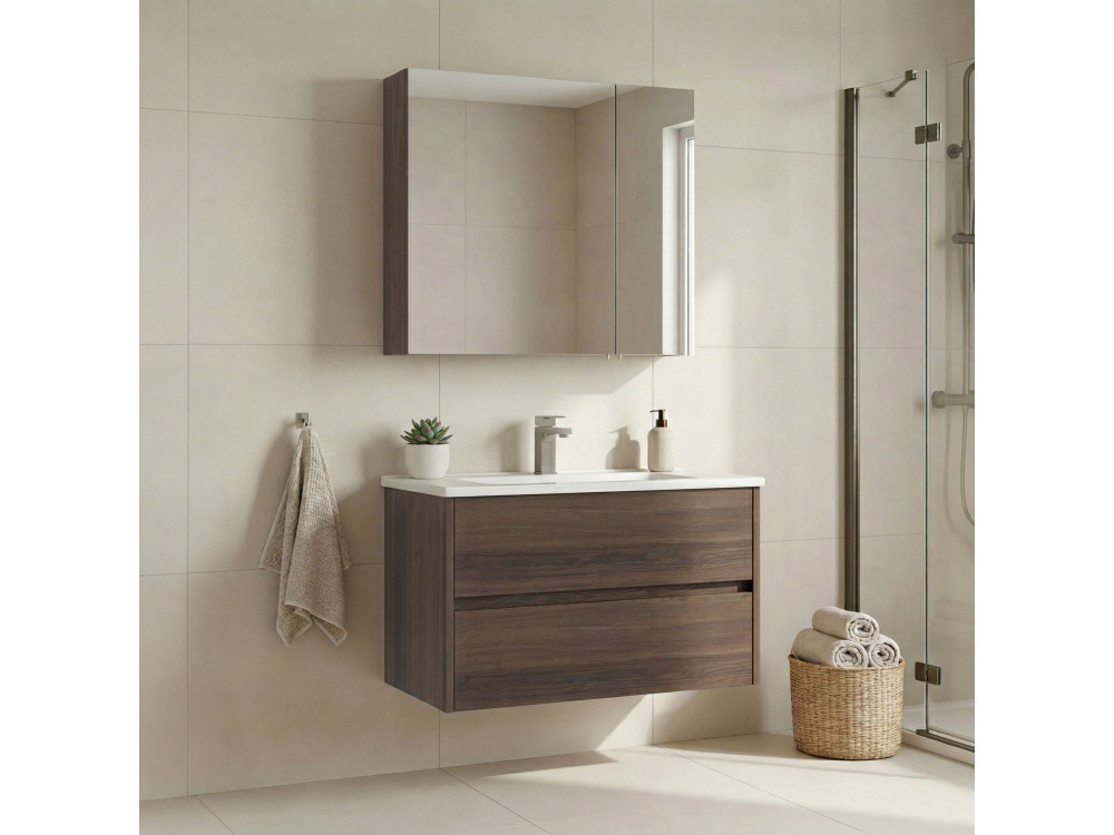 Waschtisch-Set mit Spiegel (2-teilig) „Side 85 v2“ – 85 x 45 x 52 cm – Walnuss