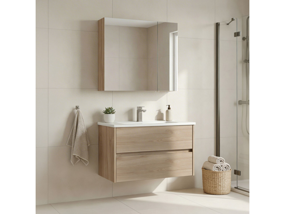 Waschtisch-Set mit Spiegel (2-teilig) „Side 85 v2“ – 85 x 45 x 52 cm – Eiche