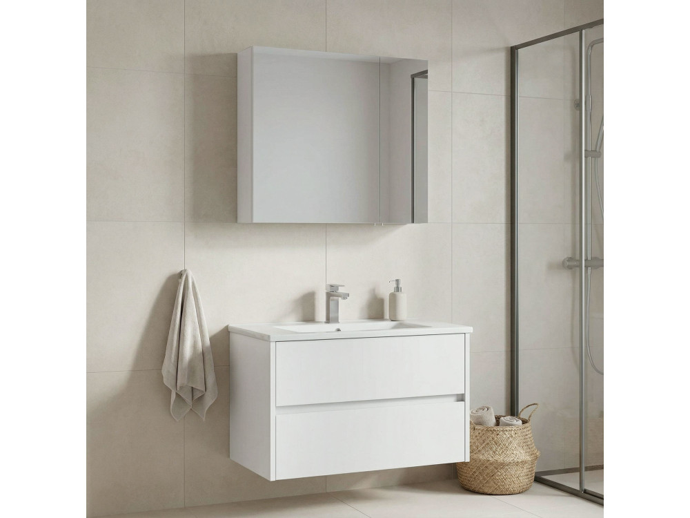 Waschtisch-Set mit Spiegel (2-teilig) „Side 85 v2“ – 85 x 45 x 52 cm – Mattweiß