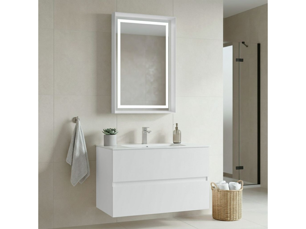 Waschtisch-Set mit Spiegel (2-teilig) „Nest 91 v2“ – 91 x 51 x 55 cm – Mattweiß
