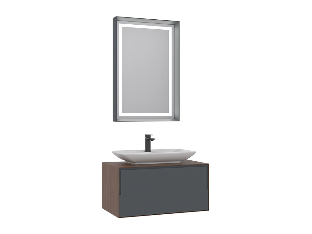 Waschtisch-Set mit Spiegel (2-teilig) „Craft 80“ – 60 x 50 x 40 cm – Walnuss / Anthrazit / Weiß