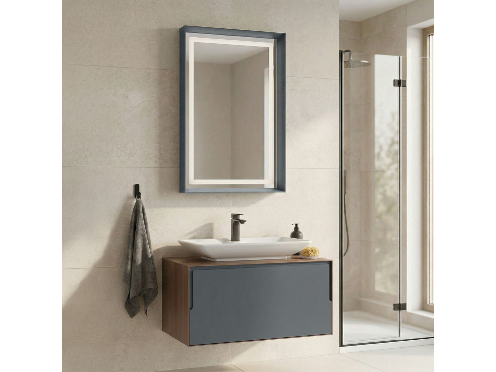 Waschtisch-Set mit Spiegel (2-teilig) „Craft 80“ – 60 x 50 x 40 cm – Walnuss / Anthrazit / Weiß