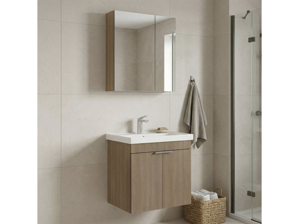 Waschtisch-Set mit Spiegel (2-teilig) „Desna 60“ – 60 x 45 x 58 cm – Eiche
