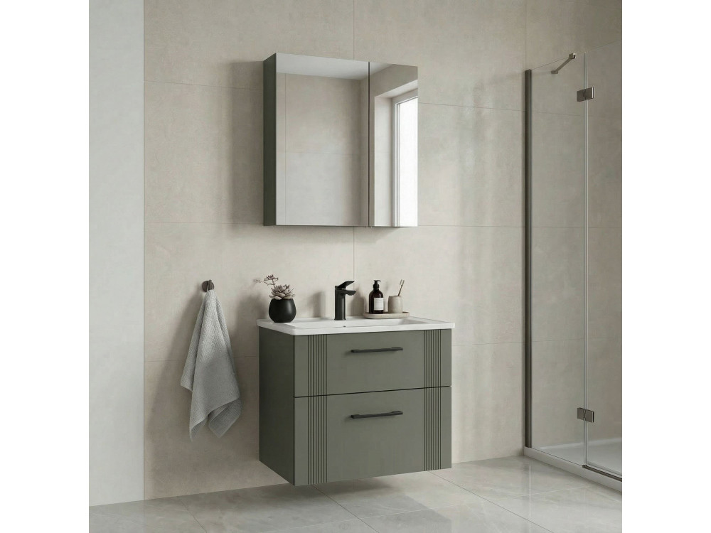 Waschtisch-Set mit Spiegel (2-teilig) „Bari 65 v2“ – 65 x 45 x 55 cm – Mattgrün