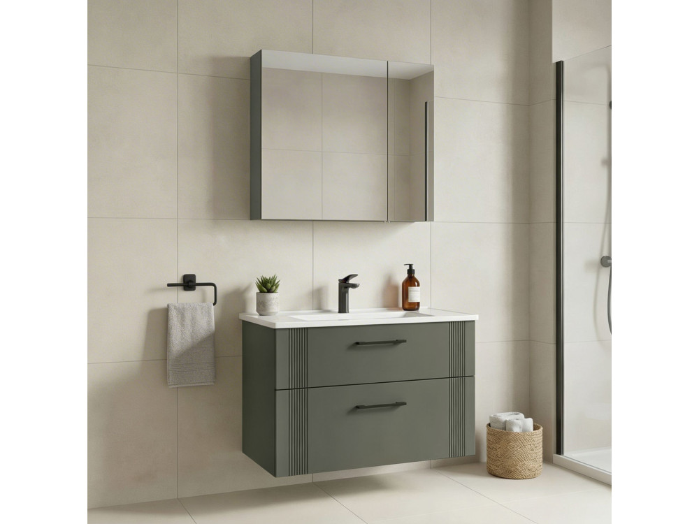 Waschtisch-Set mit Spiegel (2-teilig) „Bari 85 v2“ – 85 x 45 x 55 cm – Mattgrün