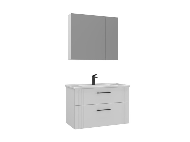 Waschtisch-Set mit Spiegel (2-teilig) „Bari 85 v2“ – 85 x 45 x 55 cm – Mattweiß