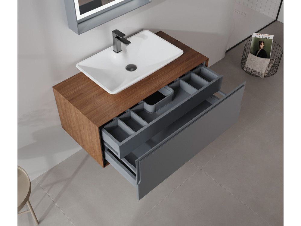 Waschtisch-Set mit Spiegel (2-teilig) „Craft 100“ – 100 x 50 x 40 cm – Walnuss / Anthrazit / Weiß