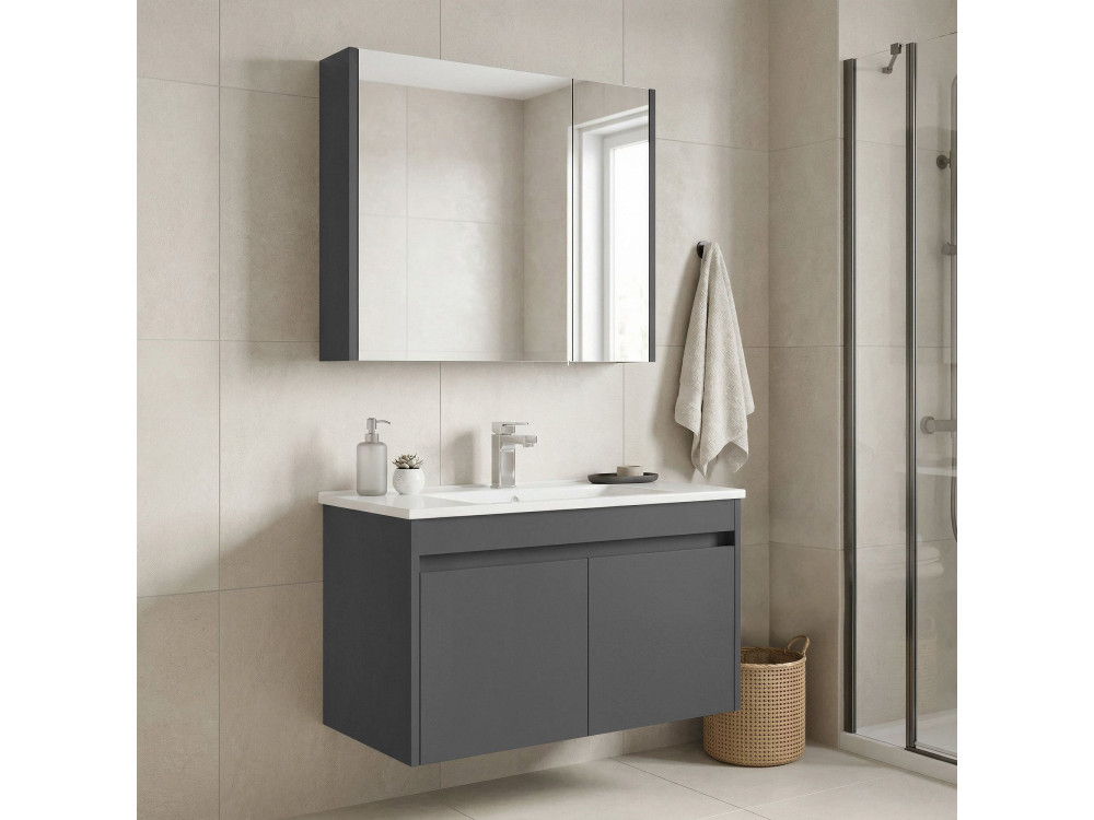 Waschtisch-Set mit Spiegel (2-teilig) „Arno 85“ – 85 x 45 x 52 cm – Grau