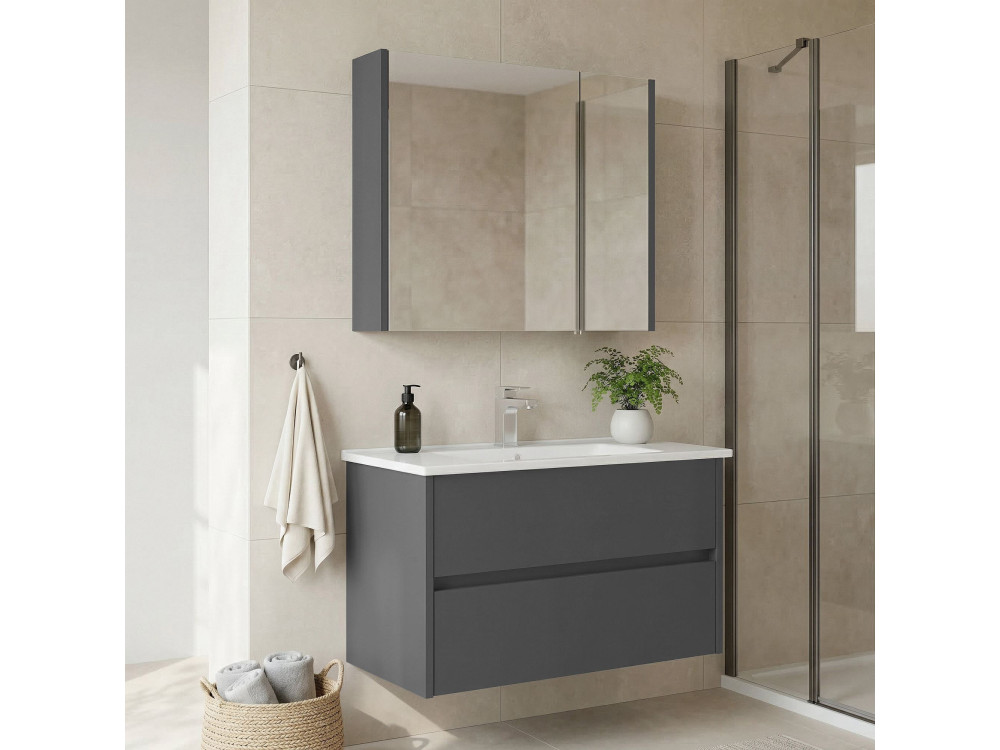 Waschtisch-Set mit Spiegel (2-teilig) „Arno 85“ – 85 x 45 x 52 cm – Grau