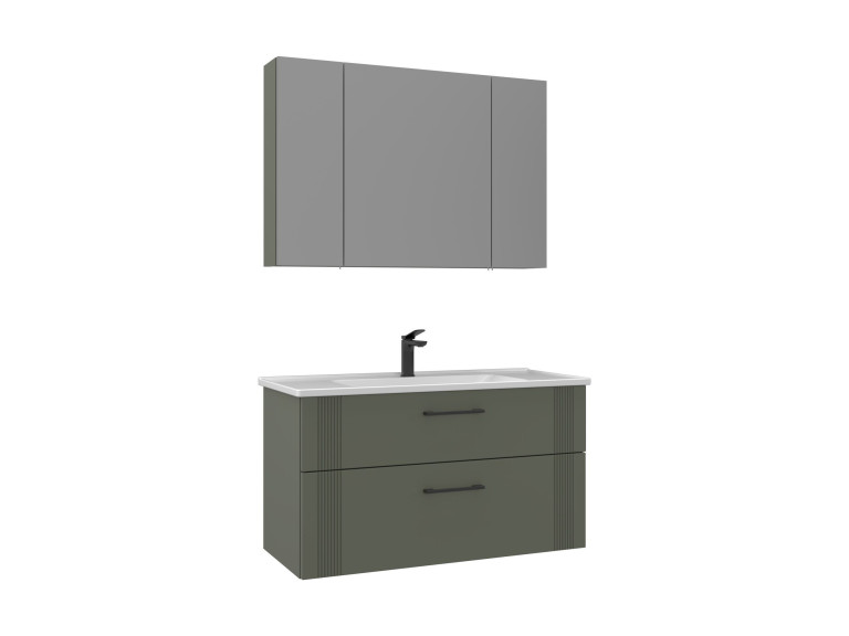 Waschtisch-Set mit Spiegel (2-teilig) „Bari 100 v2“ – 100 x 45 x 55 cm – Mattgrün