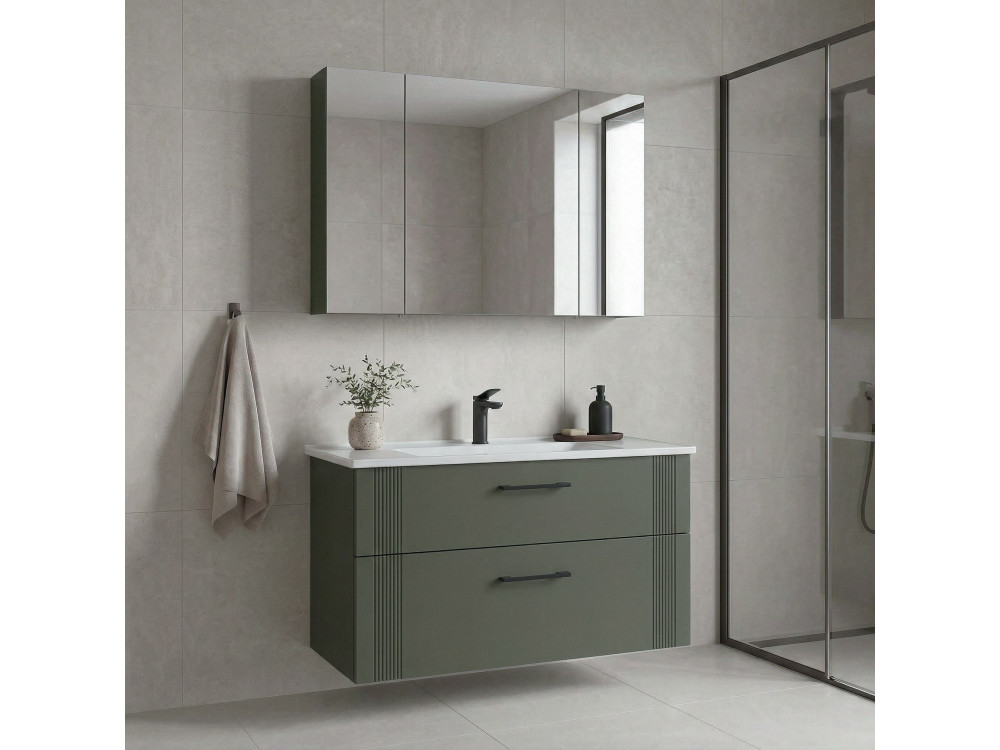 Waschtisch-Set mit Spiegel (2-teilig) „Bari 100 v2“ – 100 x 45 x 55 cm – Mattgrün