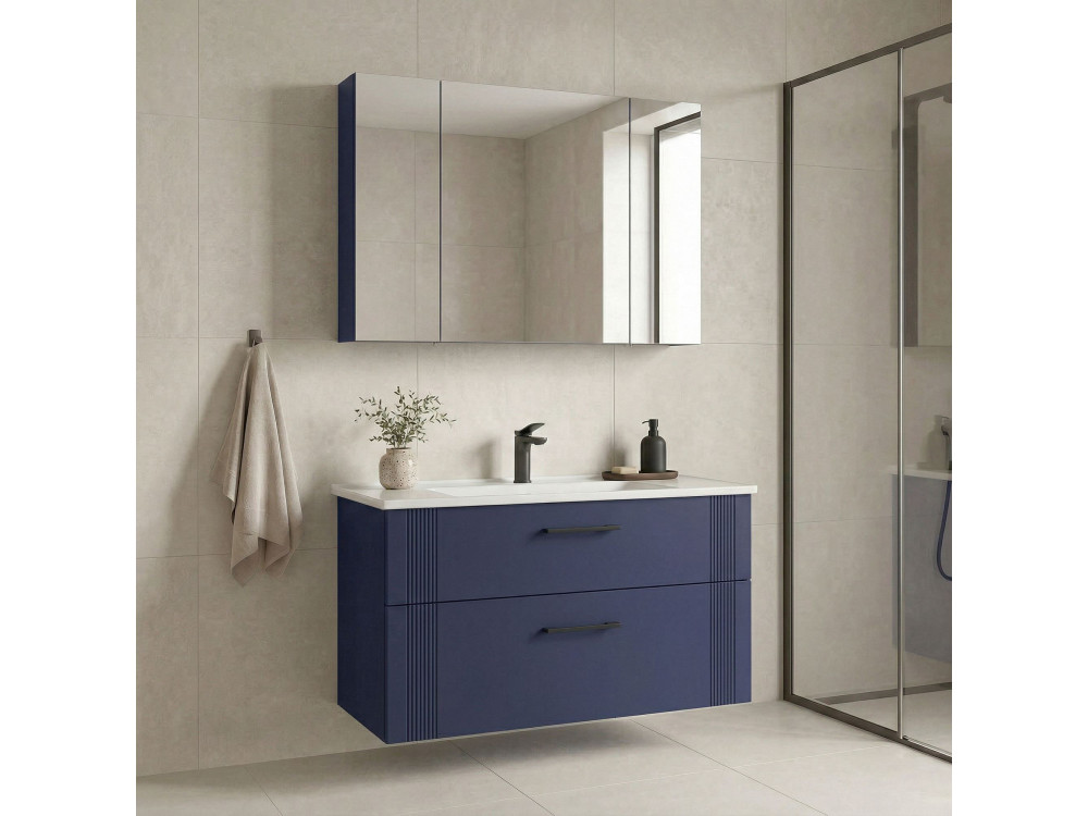 Waschtisch-Set mit Spiegel (2-teilig) „Bari 100 v2“ – 100 x 45 x 55 cm – Mattes Marineblau