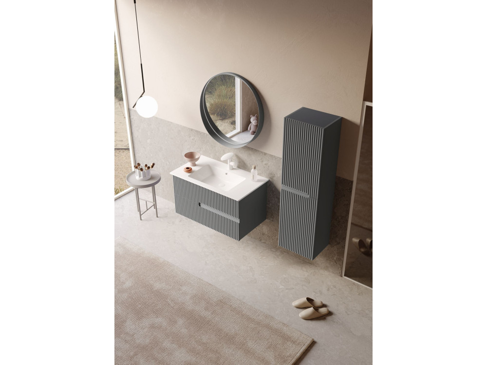 Dekorativer Holzspiegel „Moonlight 90 v2“ – 90 x 7 x 90 cm – Mattgrau