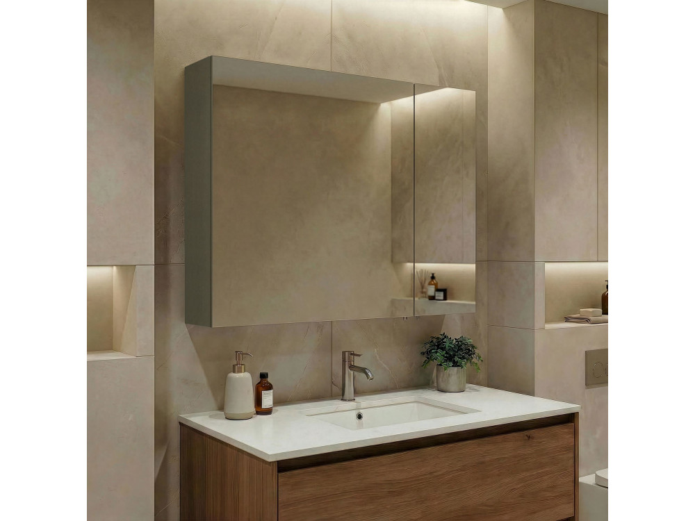 Badezimmerschrank mit Spiegel „Bari 80“ – 75 x 16 x 66 cm – Mattgrün