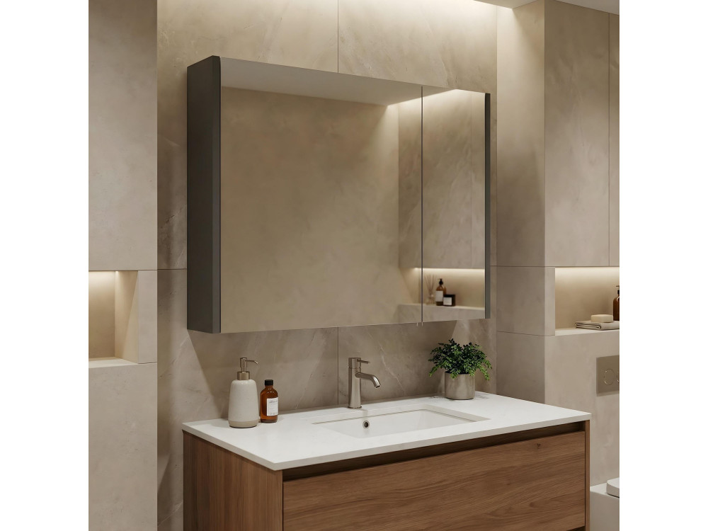Badezimmerschrank mit Spiegel „Arno 80“ – 79 x 16 x 66 cm – Grau / Anthrazit