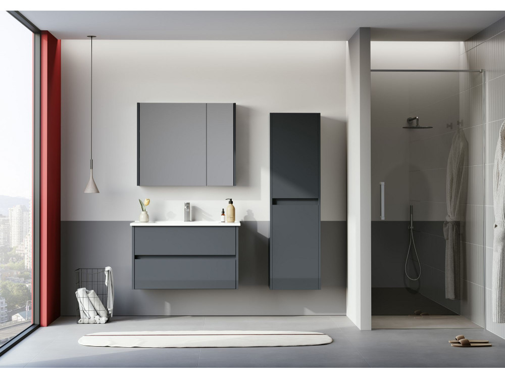 Badezimmerschrank mit Spiegel „Arno 80“ – 79 x 16 x 66 cm – Grau / Anthrazit