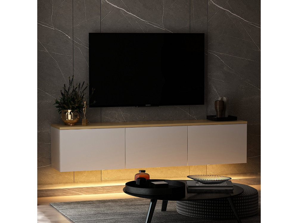 Hänge-TV-Möbel aus Holz mit LED-Beleuchtung "Neon" - 160 x 32 x 35 cm - Weiß