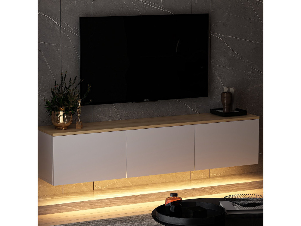 Hänge-TV-Möbel aus Holz mit LED-Beleuchtung "Neon" - 160 x 32 x 35 cm - Weiß