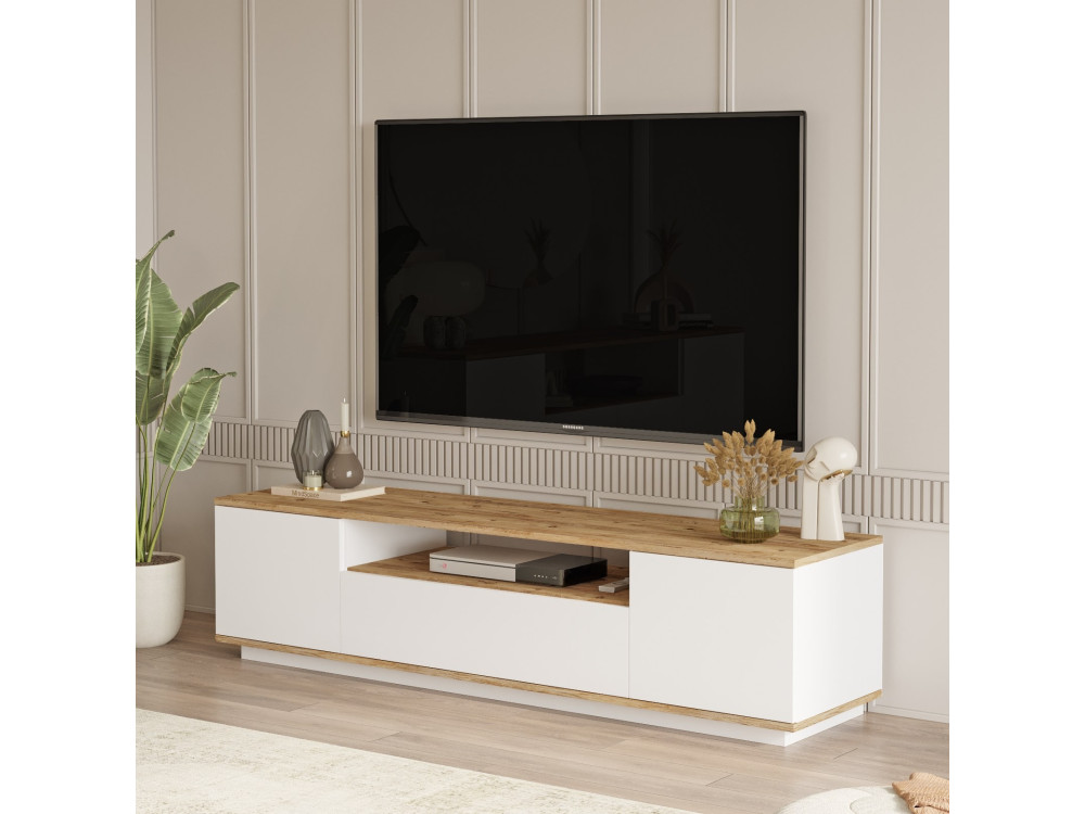 TV-Ständer „FR7“ aus Holz – 180 x 44 x 44 cm – Weiße atlantische Kiefer