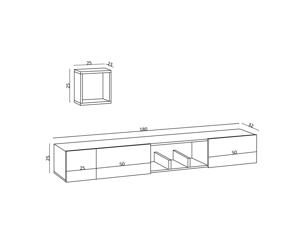TV-Möbel mit Wandregal aus Holz "Avior" - 180 x 32 x 25 cm - Beige
