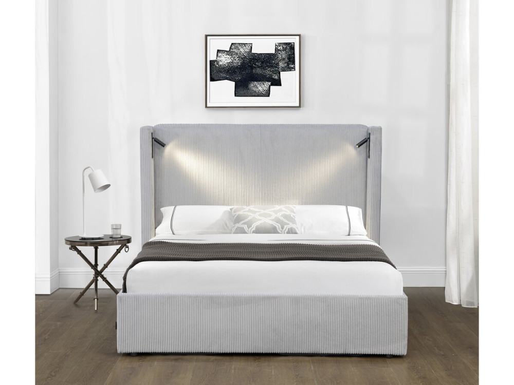 Doppelbett aus Cord mit Bettkasten und integrierter Lampe "Cortina" - 160 x 200 cm - Grau