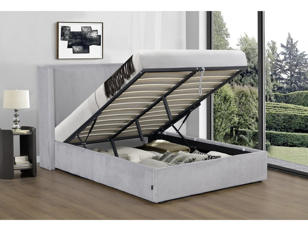 Doppelbett aus Cord mit Bettkasten und integrierter Lampe "Cortina" - 160 x 200 cm - Grau