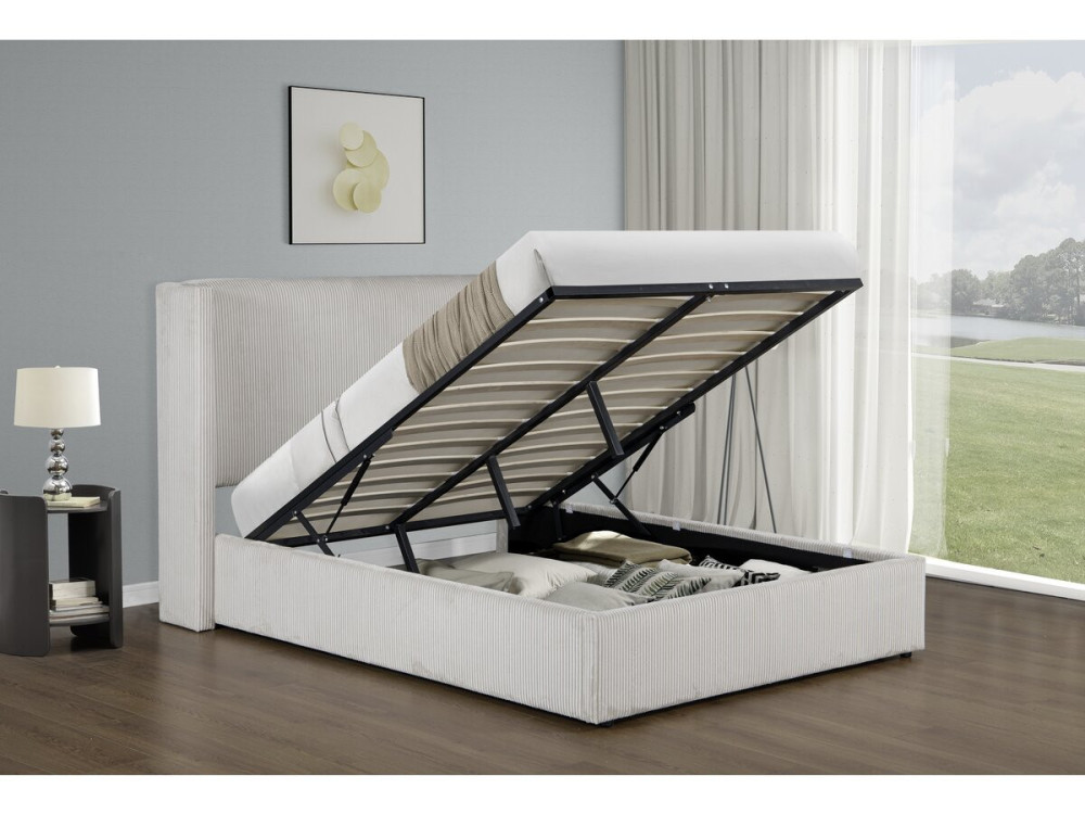 Doppelbett aus Cord mit Bettkasten und integrierter Lampe "Cortina" - 140 x 190 cm-  Beige