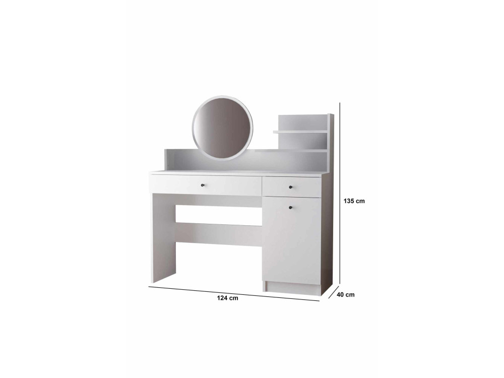 Schminktisch mit rundem Spiegel aus Holz "Harmony Round" - 124 x 40 x 135 cm - Weiß