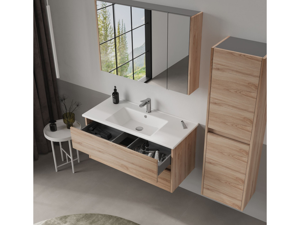 Badezimmerschrank mit Spiegel „Side 100“ – 100 x 16 x 66 cm – Eiche