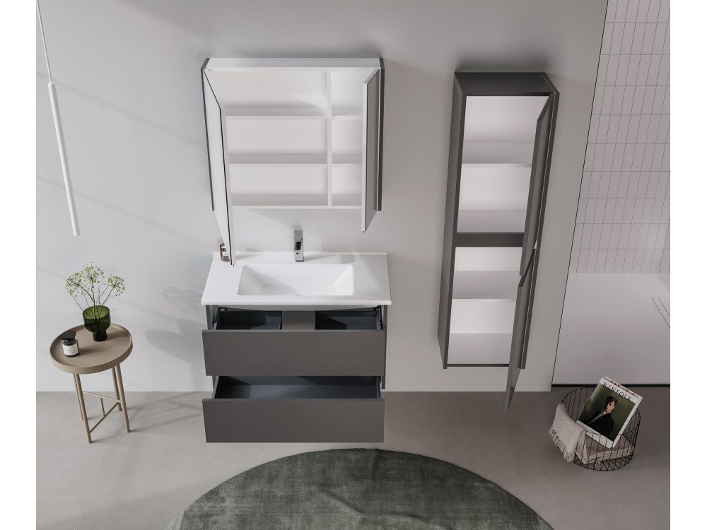 Badezimmerschrank mit Spiegel „Arno 80“ – 79 x 16 x 66 cm – Grau / Anthrazit