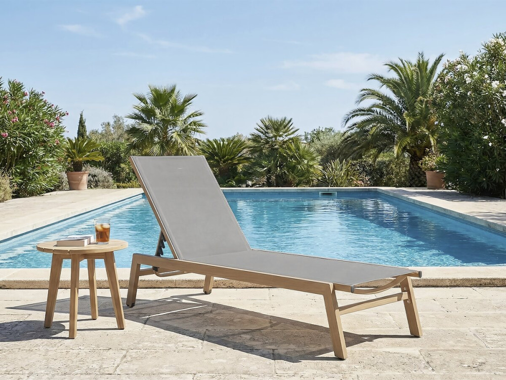 Aluminium-Sonnenliege mit Holzoptik „Elysia“ – Hellgrau