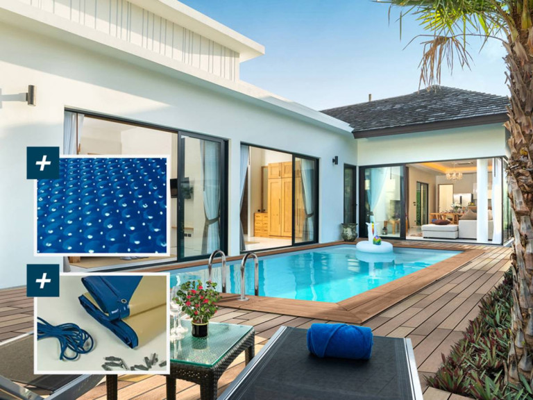 Holzpool rechteckig "Aruba"- 5,00 x 3,00 x 1,24 m + Luftpolster-Abdeckung 180 µ - Winterplane 280 g/m²