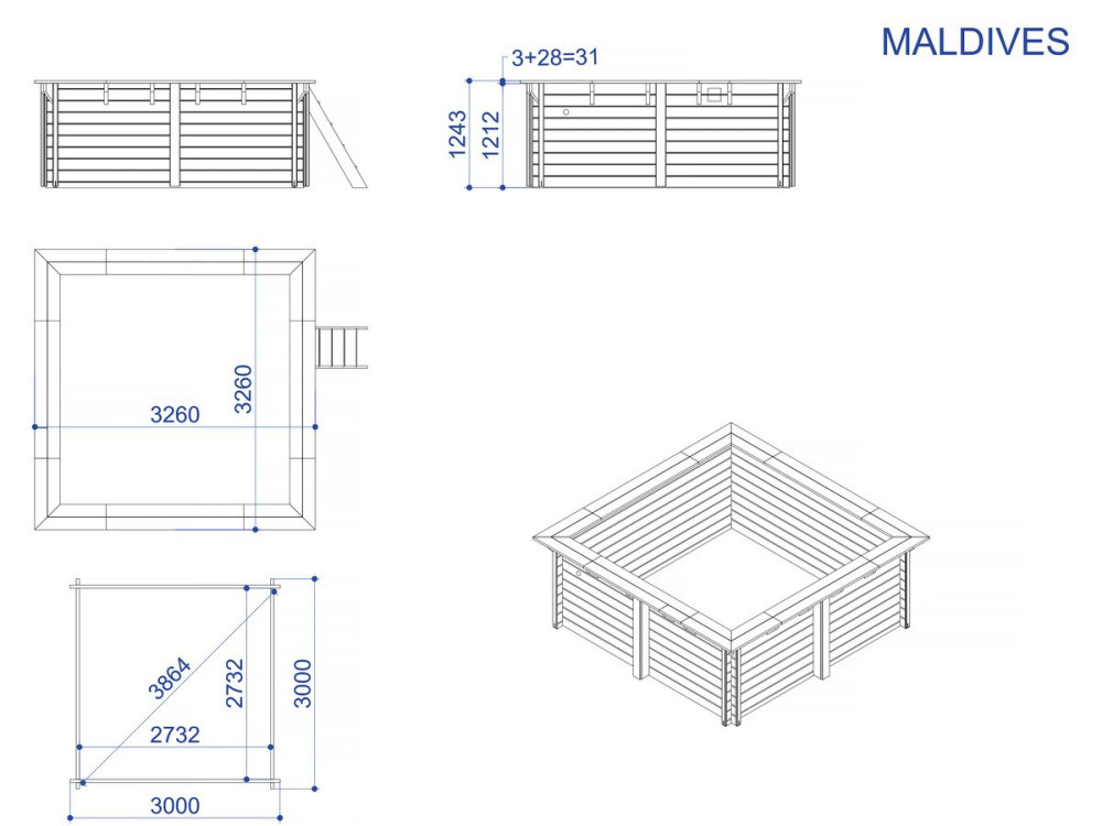 Rechteckiger Holzpool „Maldives “ – 3,20 x 3,20 x 1,24 M