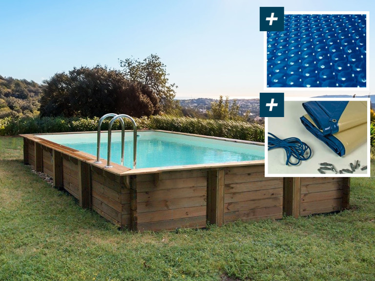 Holzpool-Set rechteckig "Sunrise" - 8,20 x 5,20 x 1,44 m + Luftpolster-Abdeckplane 400 µ - Winterplane 280 g/m²