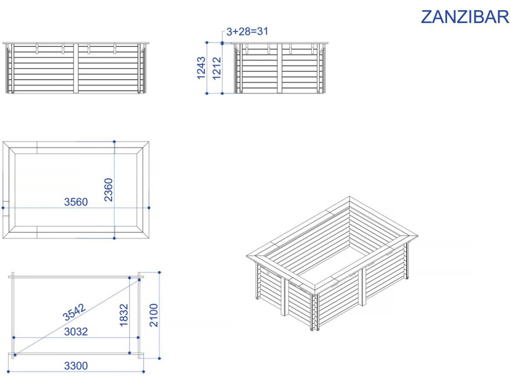 Rechteckiger Holzpool „Zanzibar“ – 3,50 x 2,50 x 1,24 M