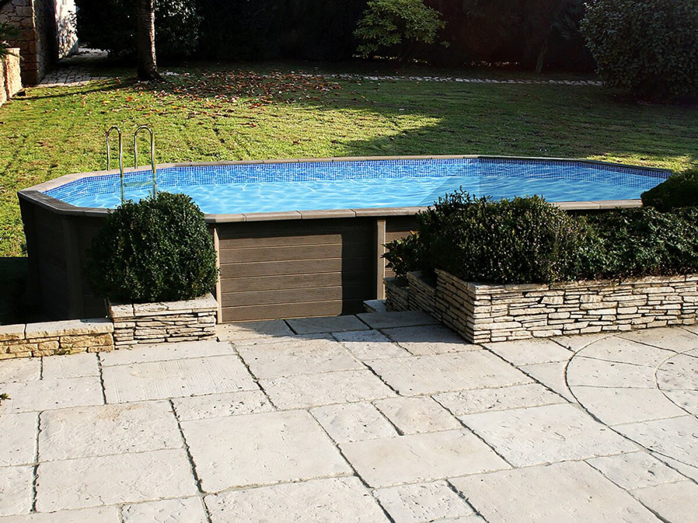 Betonpool in Holzoptik im Bausatz Zehnkant lang "Naturalis 2" - 6.36 x 4.74 x 1.40 m